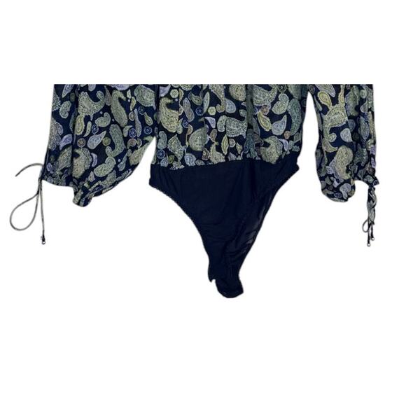 Free People Bodysuit Women XS Navy Blue Sundown Paisley Boho Peasant Festival - Picture 4 of 11
